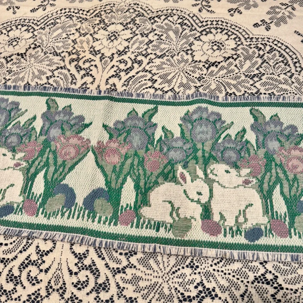 Vintage Tapestry Easter Bunny Table‎ Runner Tulips Springtime Cottagecore